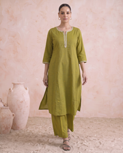Lime Green Cotton Straight A Line Kurta Pant Co Ord Set