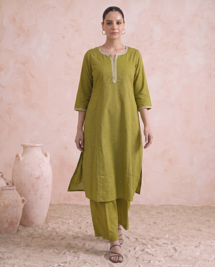 Lime Green Cotton Straight A Line Kurta Pant Co Ord Set