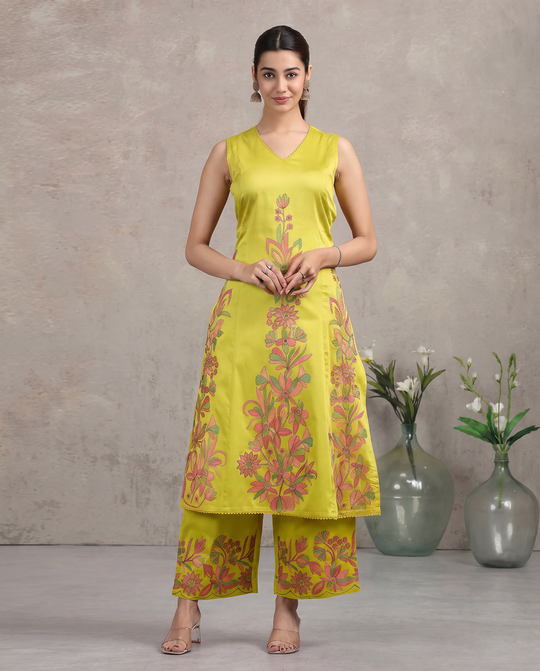 Lime Green Floral Embroidered A-Line Co-ord Set