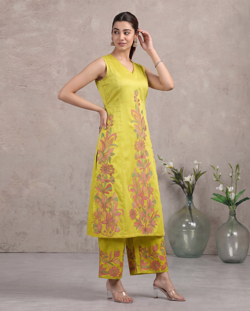 Lime Green Floral Embroidered A-Line Co-ord Set