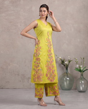 Lime Green Floral Embroidered A-Line Co-ord Set