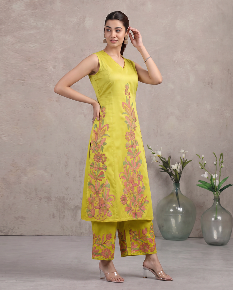 Lime Green Floral Embroidered A-Line Co-ord Set