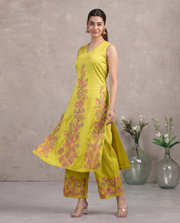 Lime Green Floral Embroidered A-Line Co-ord Set