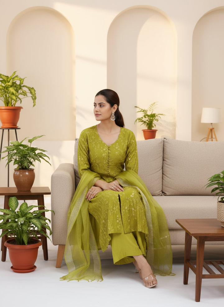 Lime Green Chanderi Embroidered A Line Kurta Pant and Dupatta Suit Set
