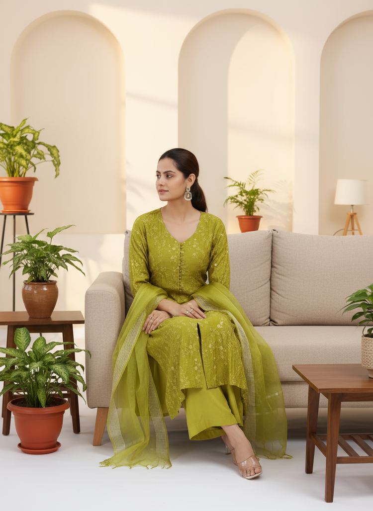 Lime Green Chanderi Embroidered A Line Kurta Pant and Dupatta Suit Set