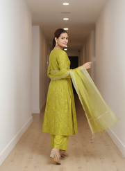 Lime Green Chanderi Embroidered A Line Kurta Pant and Dupatta Suit Set