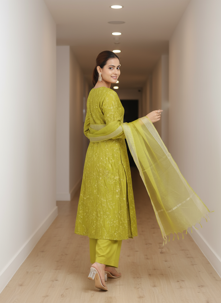 Lime Green Chanderi Embroidered A Line Kurta Pant and Dupatta Suit Set