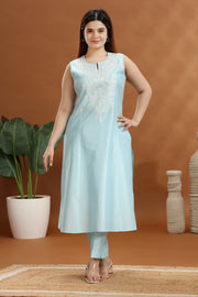 Sky Blue Flax Cotton Embroidered Kurta and Pant Set