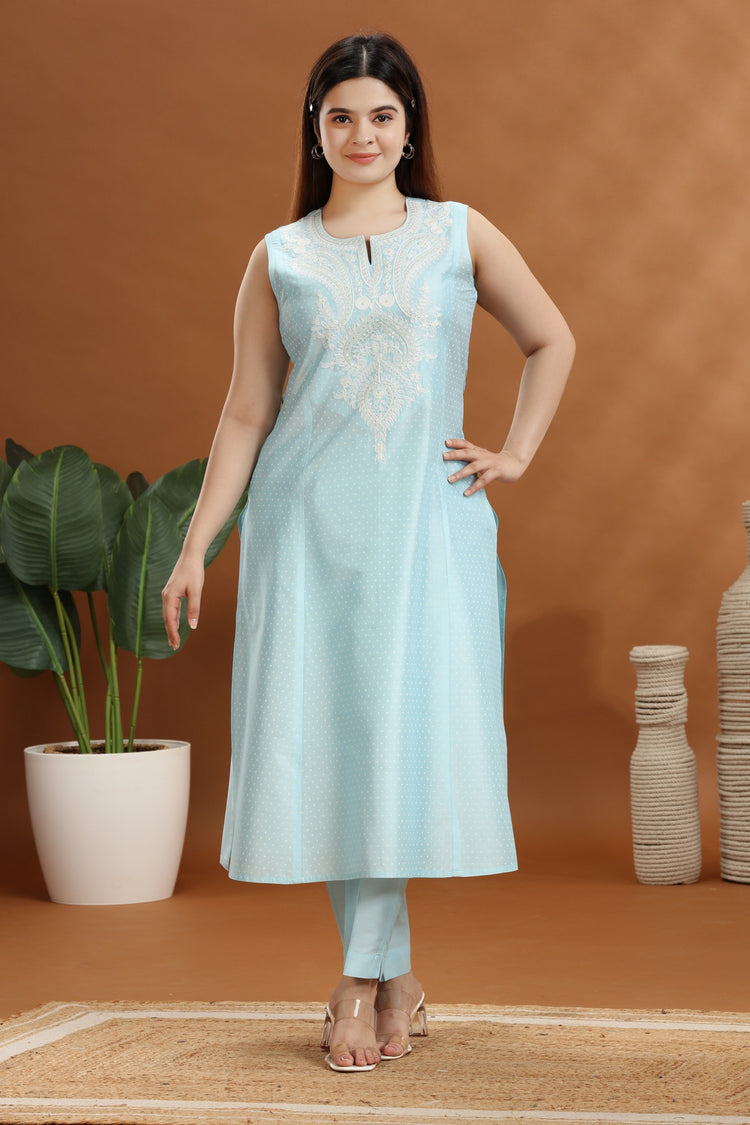 Sky Blue Flax Cotton Embroidered Kurta and Pant Set