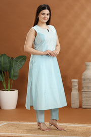 Sky Blue Flax Cotton Embroidered Kurta and Pant Set