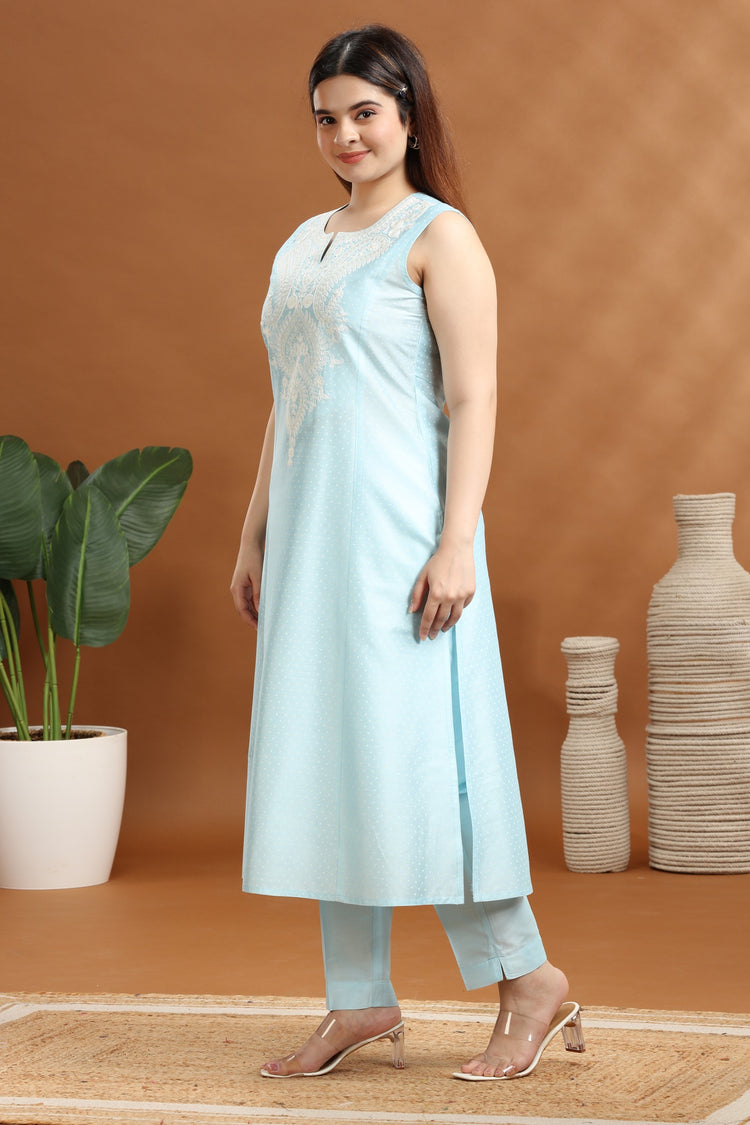 Sky Blue Flax Cotton Embroidered Kurta and Pant Set