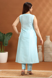 Sky Blue Flax Cotton Embroidered Kurta and Pant Set