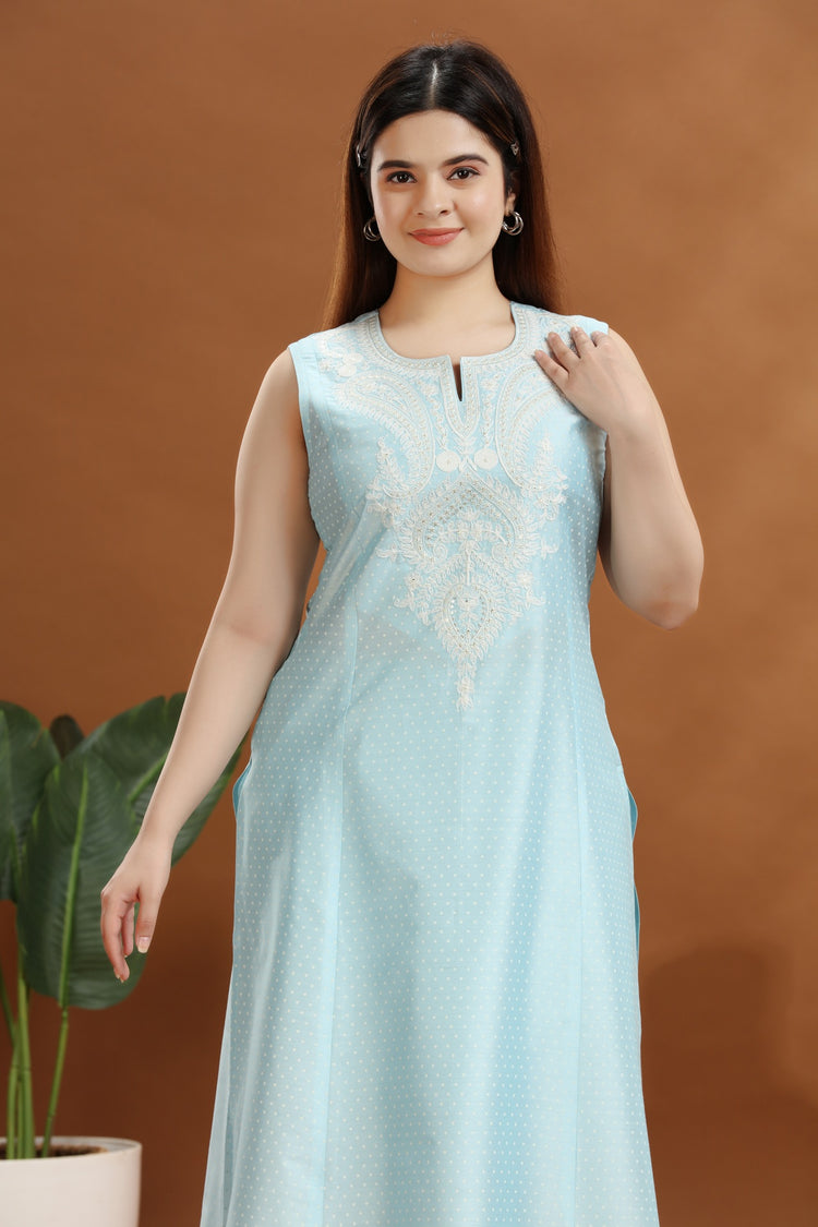Sky Blue Flax Cotton Embroidered Kurta and Pant Set