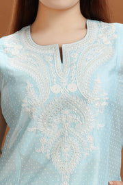 Sky Blue Flax Cotton Embroidered Kurta and Pant Set