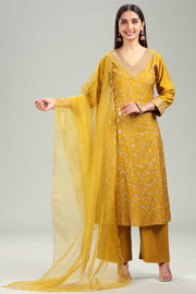 Mustard PolySilk Embroidered A Line Kurta Pant Suit Set