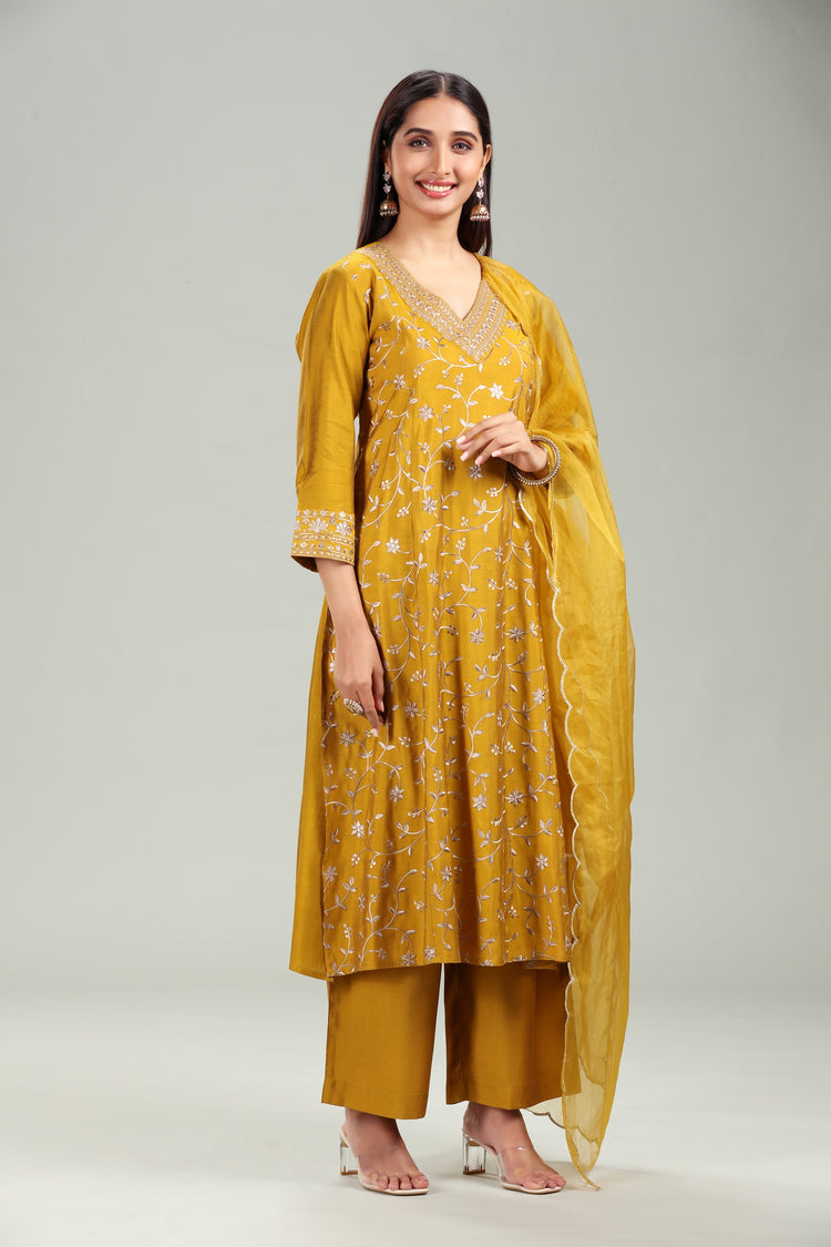 Mustard PolySilk Embroidered A Line Kurta Pant Suit Set