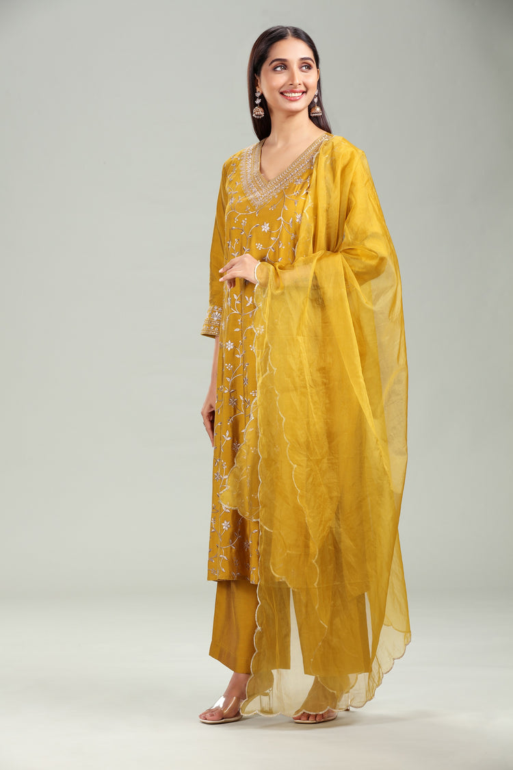 Mustard PolySilk Embroidered A Line Kurta Pant Suit Set