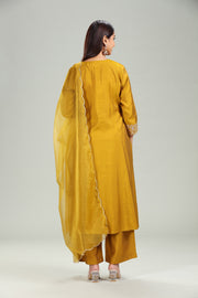 Mustard PolySilk Embroidered A Line Kurta Pant Suit Set