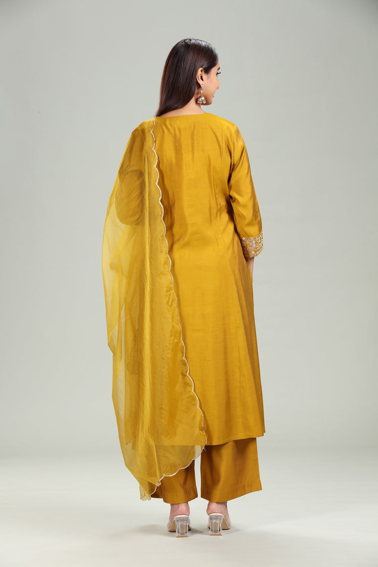 Mustard PolySilk Embroidered A Line Kurta Pant Suit Set