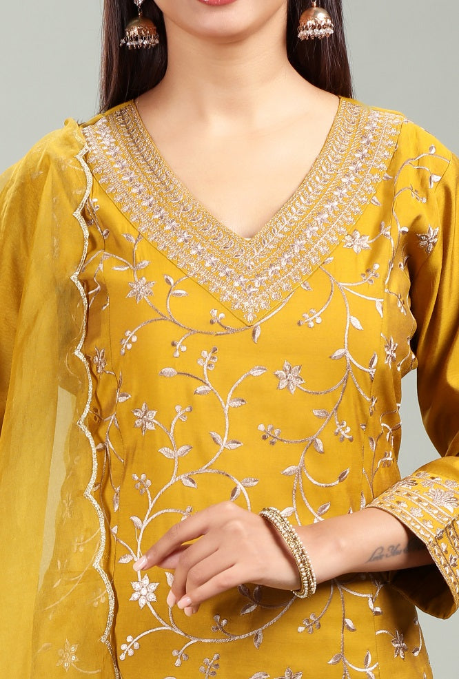 Mustard PolySilk Embroidered A Line Kurta Pant Suit Set