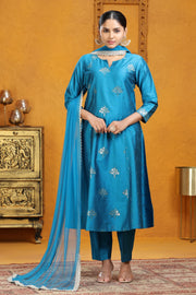 Blue PolySilk A Line Embroidered Kurta Pants and Dupatta Set