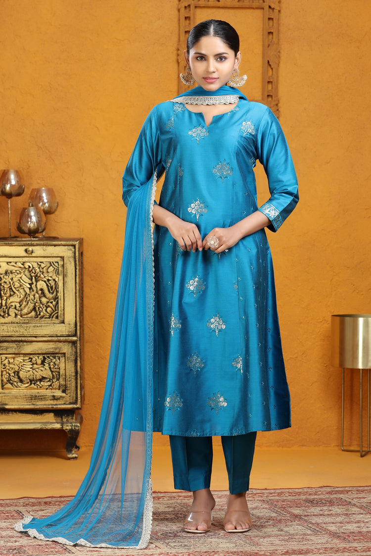 Blue PolySilk A Line Embroidered Kurta Pants and Dupatta Set