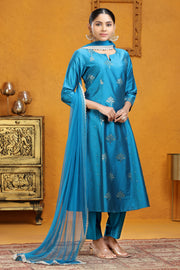 Blue PolySilk A Line Embroidered Kurta Pants and Dupatta Set