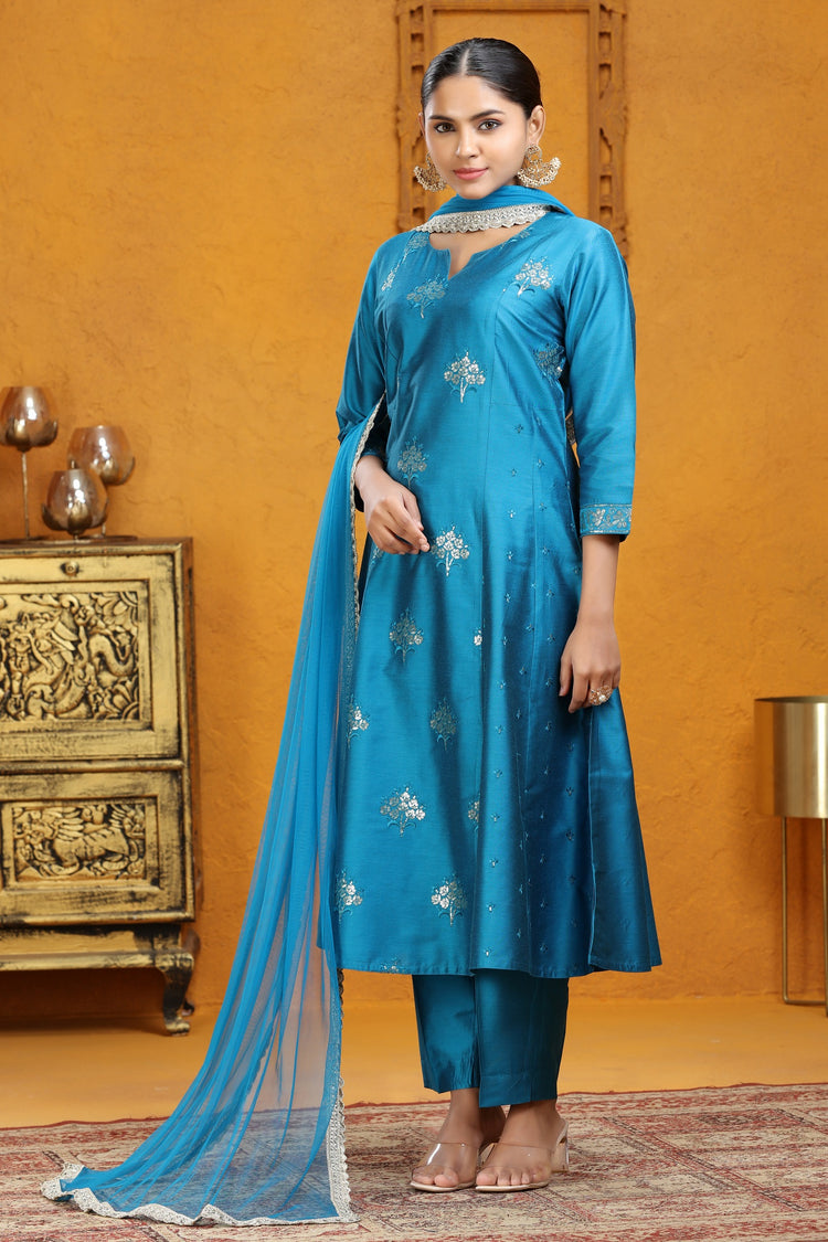 Blue PolySilk A Line Embroidered Kurta Pants and Dupatta Set