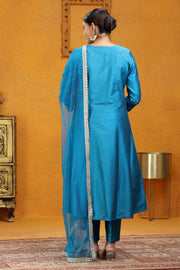 Blue PolySilk A Line Embroidered Kurta Pants and Dupatta Set