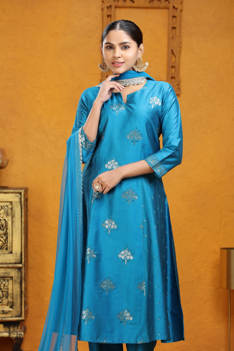 Blue PolySilk A Line Embroidered Kurta Pants and Dupatta Set