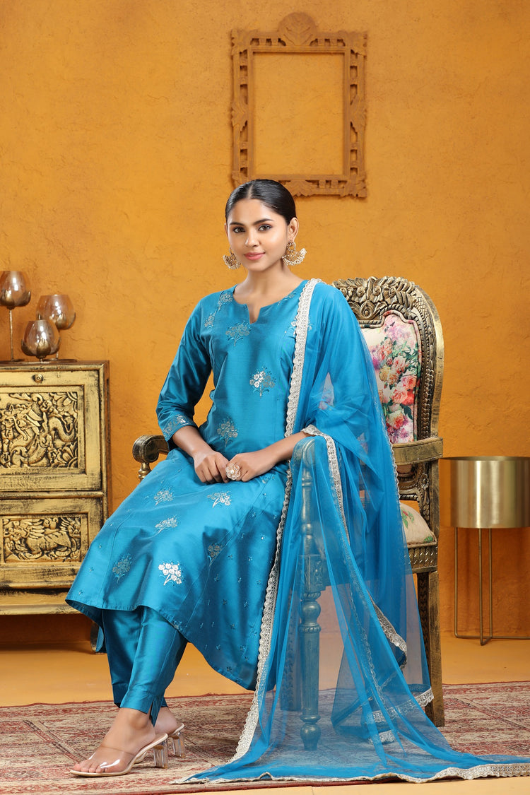 Blue PolySilk A Line Embroidered Kurta Pants and Dupatta Set