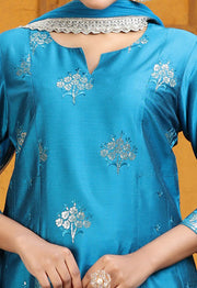 Blue PolySilk A Line Embroidered Kurta Pants and Dupatta Set