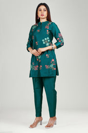 Teal PolySilk Straight Embroidered Kurta Pant Co ord Set