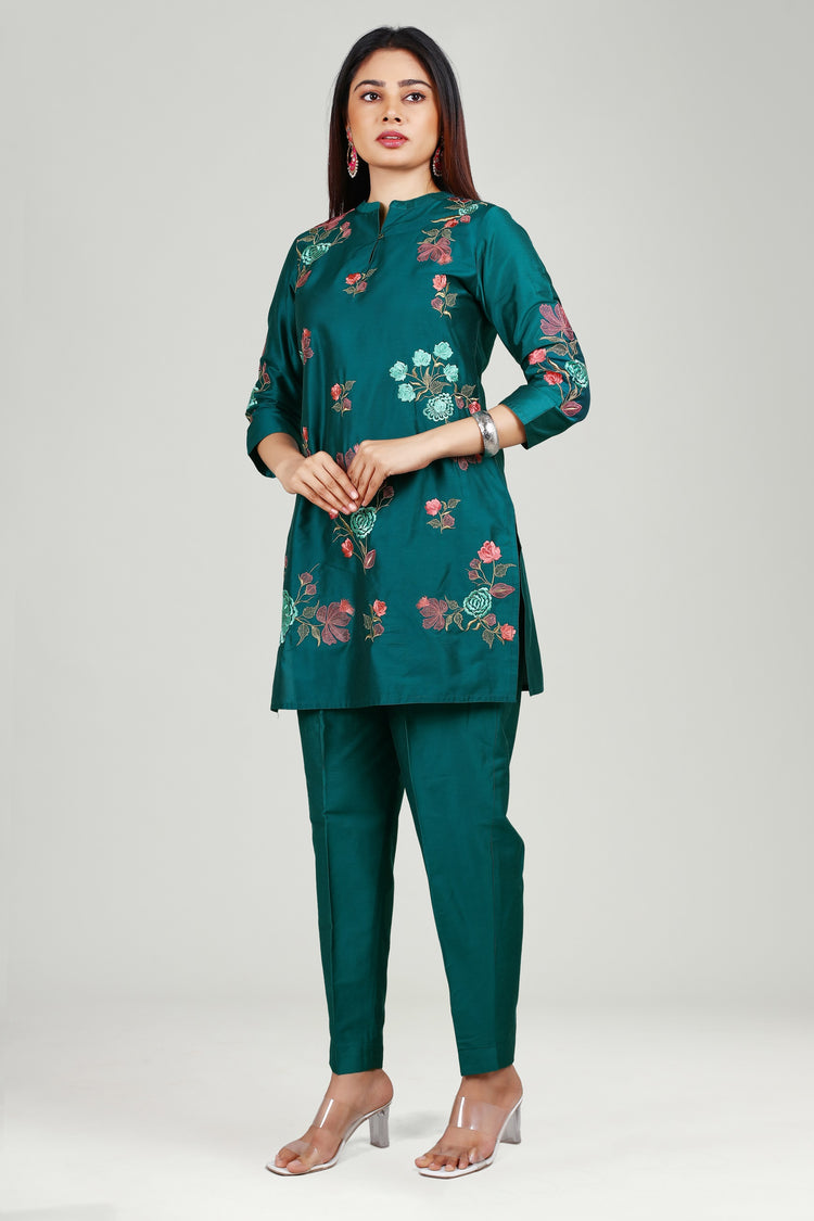 Teal PolySilk Straight Embroidered Kurta Pant Co ord Set