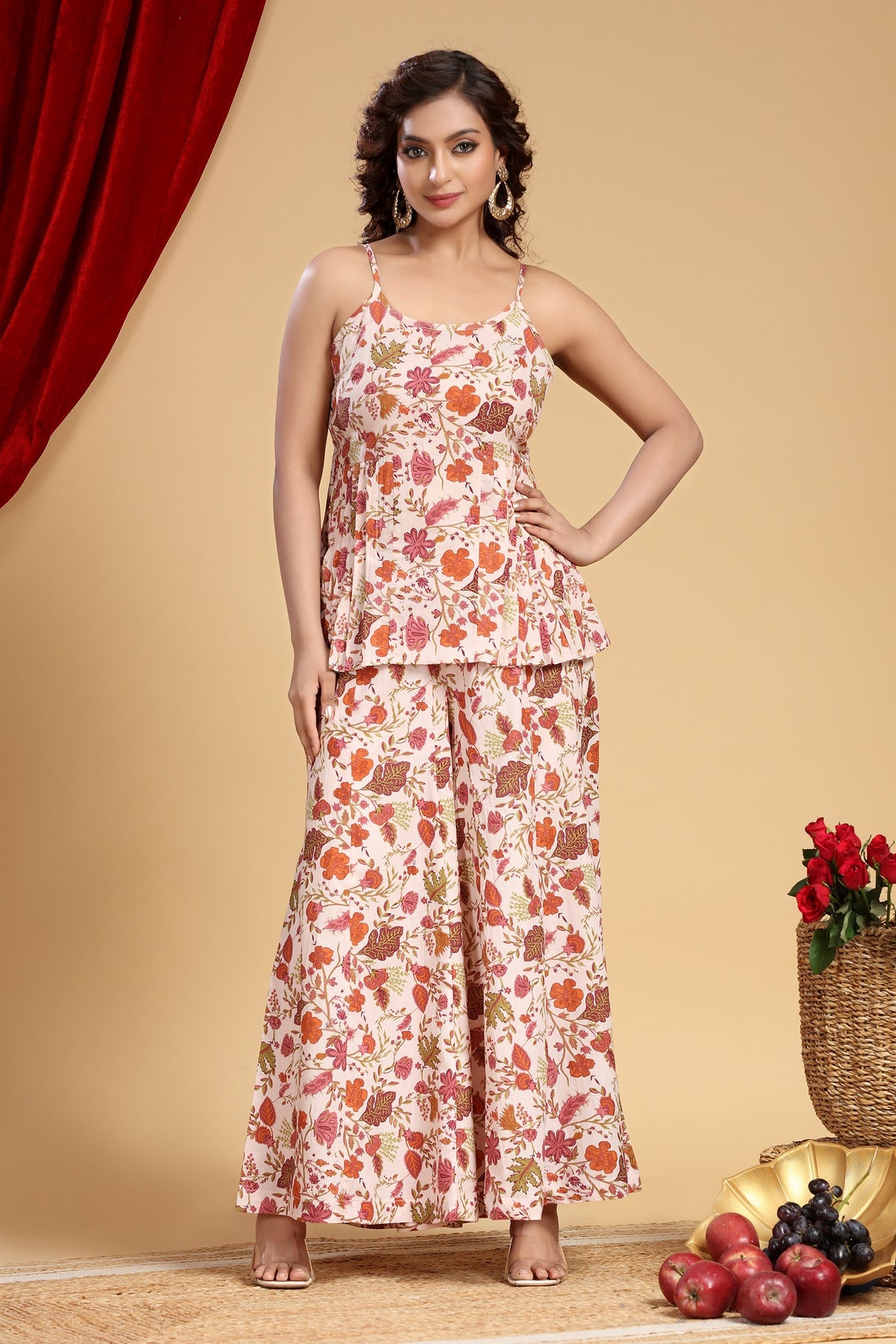 Peach Jaipuri Cotton Floral Printed Top