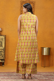 Dark Mustard Flax Cotton A Line Printed Kurta Pant Co ord Set