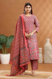 Peach Jaipuri Cotton Straight Printed Kurta Pants and Dupatta Set