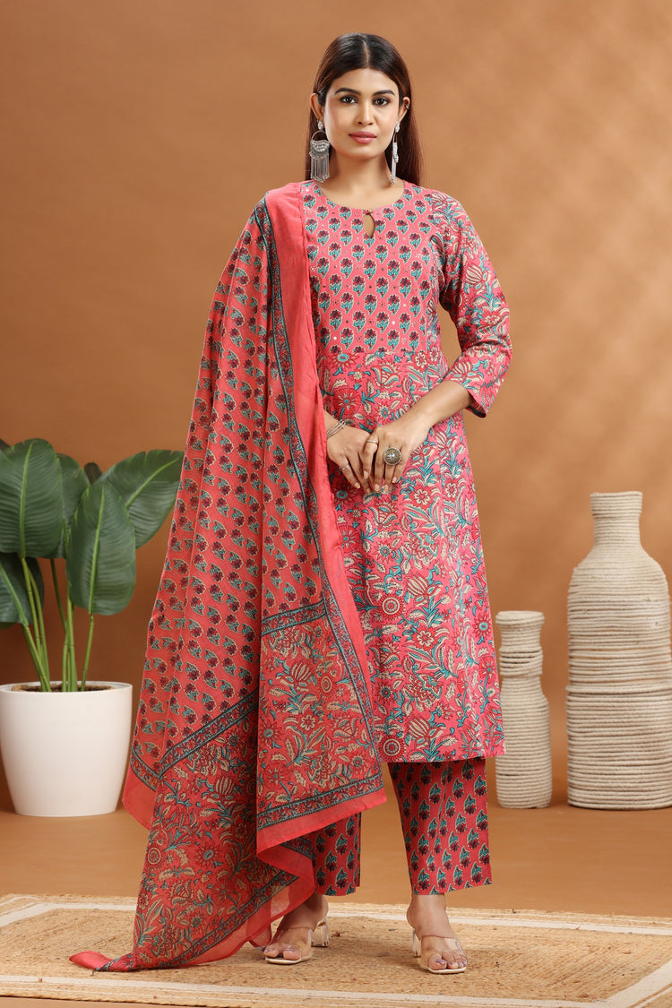 Peach Jaipuri Cotton Straight Printed Kurta Pants and Dupatta Set