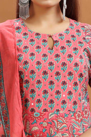 Peach Jaipuri Cotton Straight Printed Kurta Pants and Dupatta Set