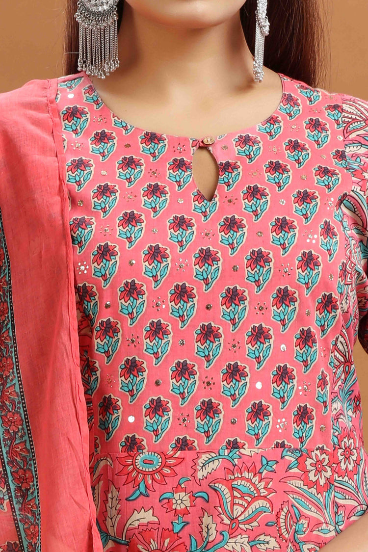 Peach Jaipuri Cotton Straight Printed Kurta Pants and Dupatta Set