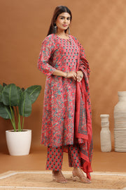 Peach Jaipuri Cotton Straight Printed Kurta Pants and Dupatta Set