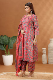Peach Jaipuri Cotton Straight Printed Kurta Pants and Dupatta Set