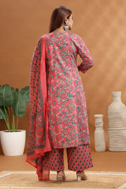 Peach Jaipuri Cotton Straight Printed Kurta Pants and Dupatta Set