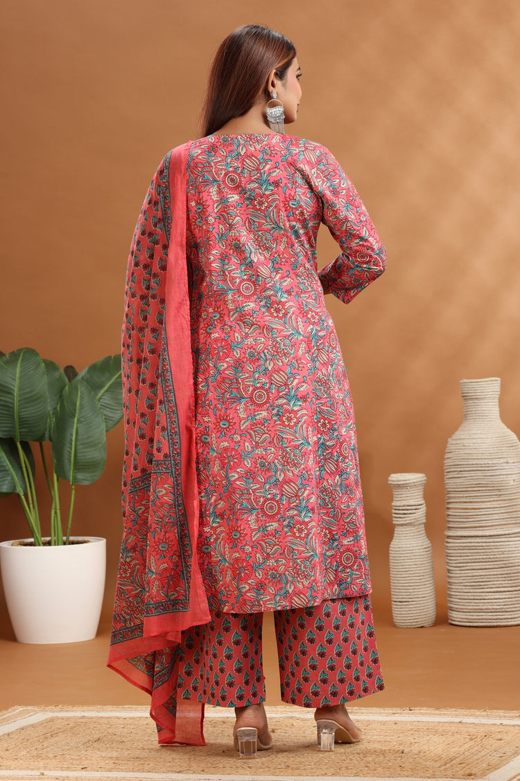 Peach Jaipuri Cotton Straight Printed Kurta Pants and Dupatta Set