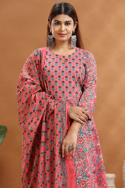 Peach Jaipuri Cotton Straight Printed Kurta Pants and Dupatta Set