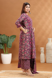 Purple Jaipuri Cotton A Line Printed Kurta Pants and Dupatta Set