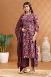 Purple Jaipuri Cotton A Line Printed Kurta Pants and Dupatta Set
