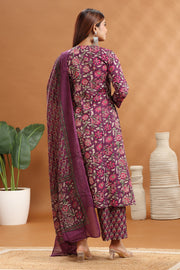 Purple Jaipuri Cotton A Line Printed Kurta Pants and Dupatta Set