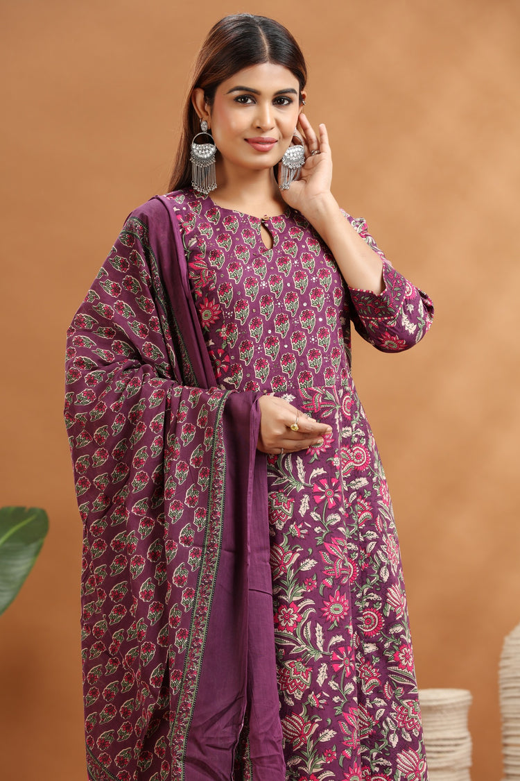 Purple Jaipuri Cotton A Line Printed Kurta Pants and Dupatta Set