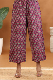 Purple Jaipuri Cotton A Line Printed Kurta Pants and Dupatta Set